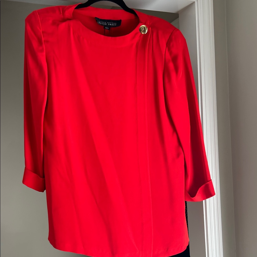 Vintage Ellen Tracy Layered Front Vibrant Red Blouse with Gold Button Accent